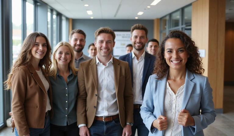A diverse group of people smiling in a modern bank lobby, representing community and accessibility.