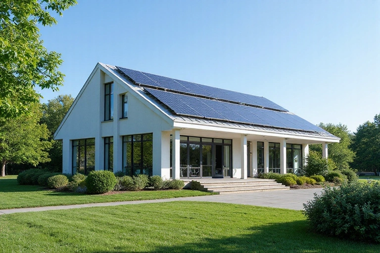 A modern building with solar panels on the roof, surrounded by green landscaping, symbolizing sustainable architecture.