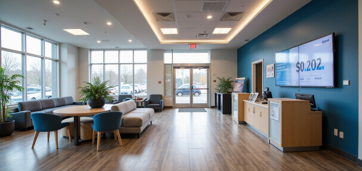 A modern, brightly lit credit union interior with digital screens and comfortable seating, representing contemporary banking.