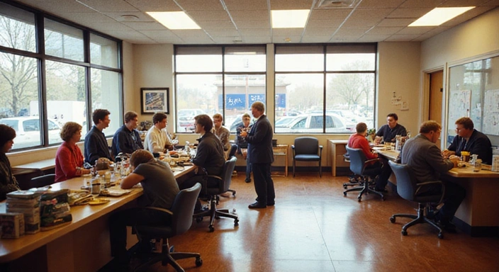A photograph of a busy, modern credit union branch in the 1990s, with members at teller windows and in waiting areas.