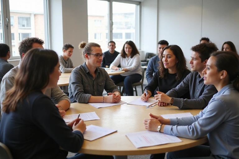 A group of diverse individuals participating in a financial literacy workshop, looking engaged and learning.
