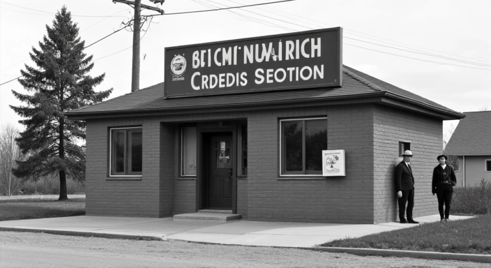 A vintage black and white photograph of the first Steinbach Credit Union office, with a few people standing outside.