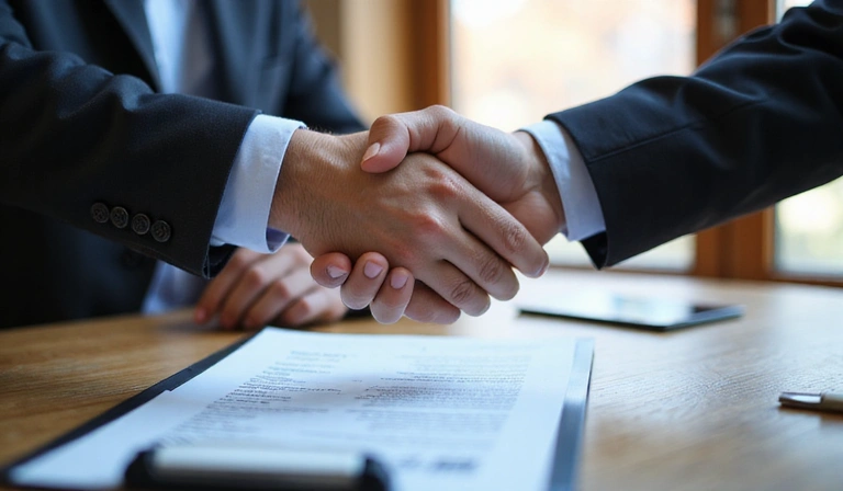 Hands shaking over a financial document, symbolizing trust and agreement at Steinbach Credit Union.