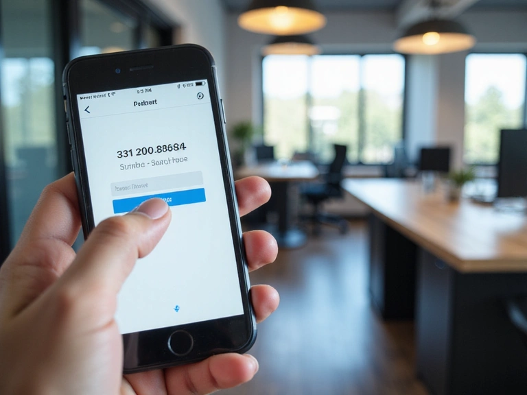 A close-up shot of a smartphone displaying the Steinbach Credit Union contact page, with a finger about to tap the phone number. Surrounding the phone are blurred elements of a modern office, suggesting connectivity and ease of access to services.