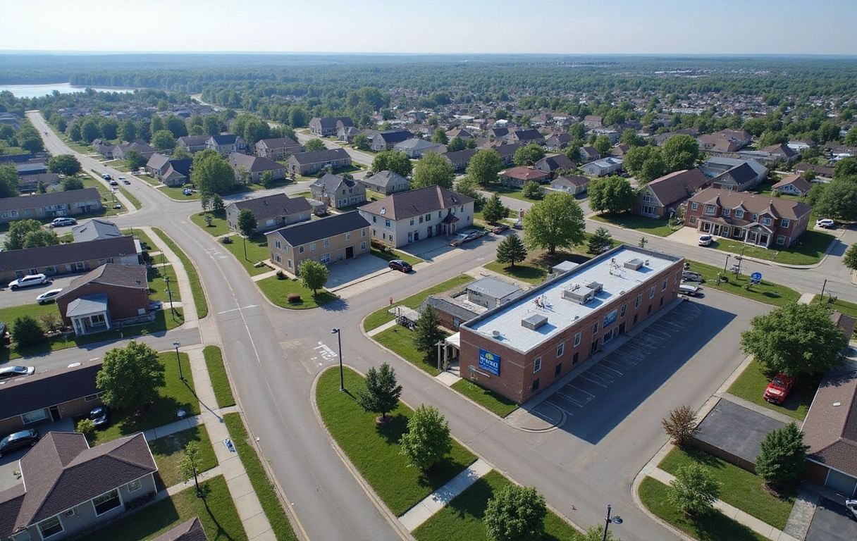 An aerial view of Steinbach, Manitoba, with the credit union building highlighted, showing its proximity to local landmarks and major roads, emphasizing accessibility.