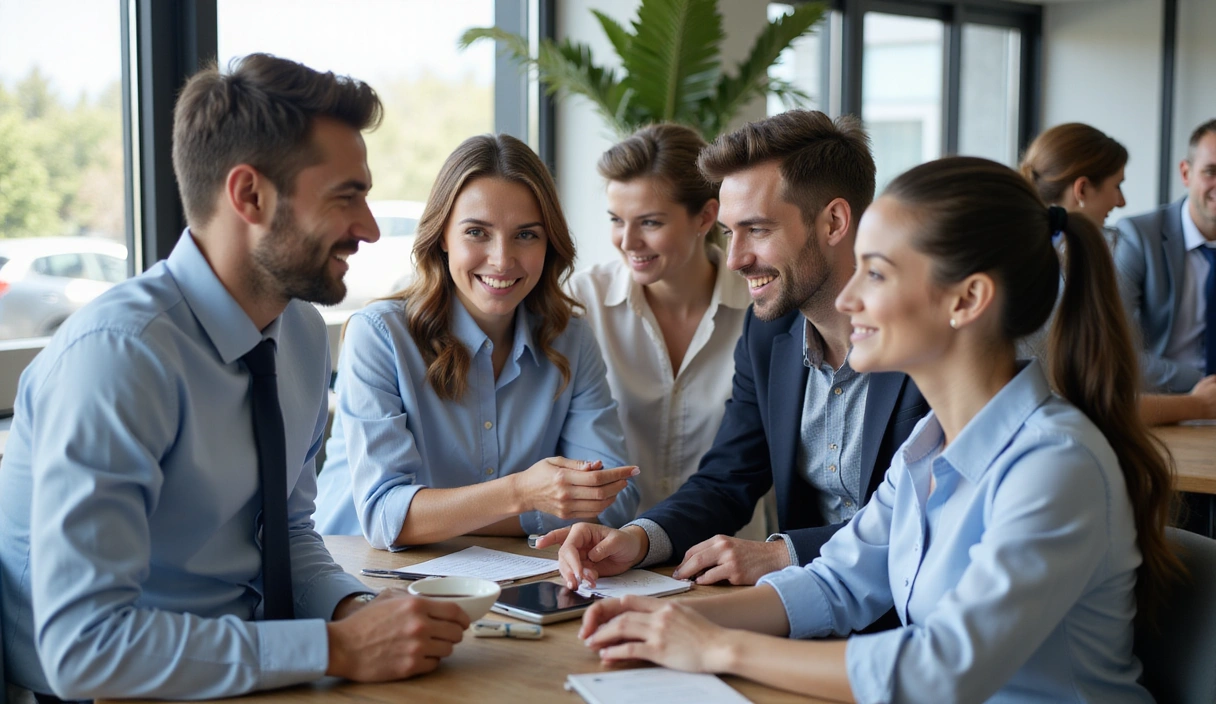 Team members collaborating and smiling in a modern office environment, symbolizing approachability and helpfulness.
