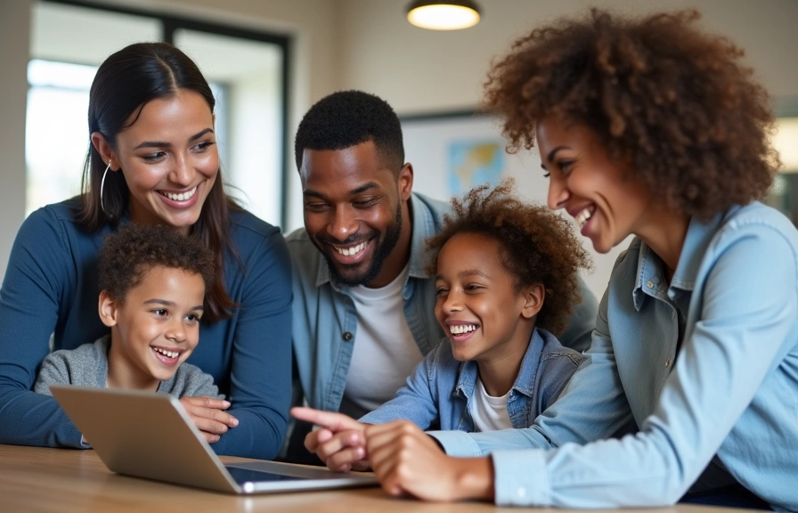 Happy family discussing finances with a credit union representative