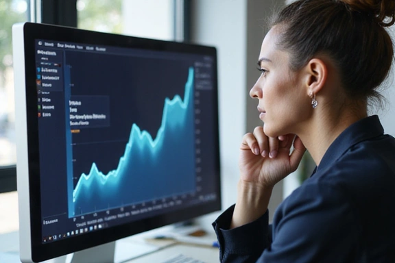 A person looking at a financial graph on a computer screen, with a thoughtful expression.