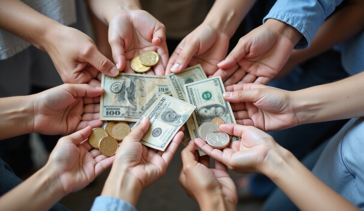 Diverse hands holding coins and banknotes, symbolizing comprehensive financial services.