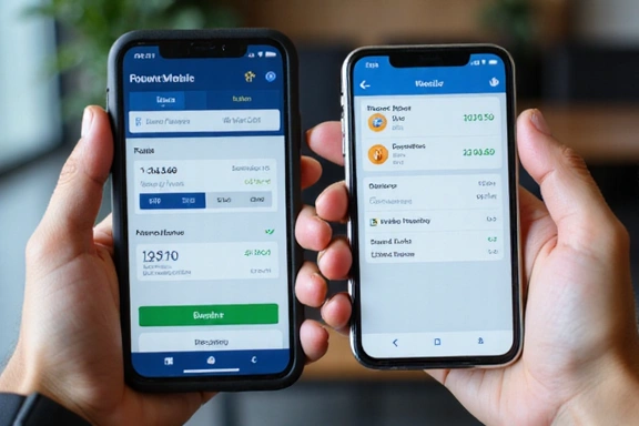 Hands holding a smartphone and a tablet, showing banking apps.
