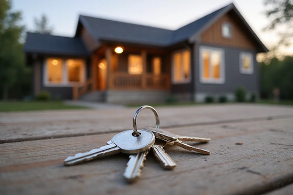 Keys to a new house on a wooden table, with a blurred house in the background.