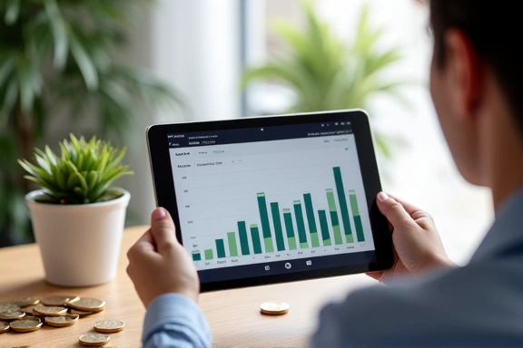 Person managing finances on a tablet, with coins and a plant on the table.